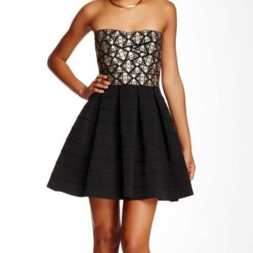 NWOT Soieblu Small Black Gold Embellished Strapless Dress Party Short Fit Flare